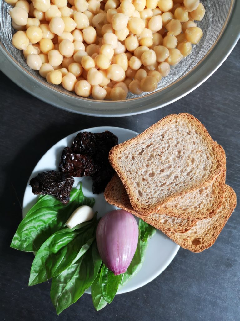 Ingredients for falafels cheakpeas shallot garlic dried tomatoes basil