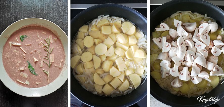 Marinade tofu vin, oignon et pommes de terre, champignons