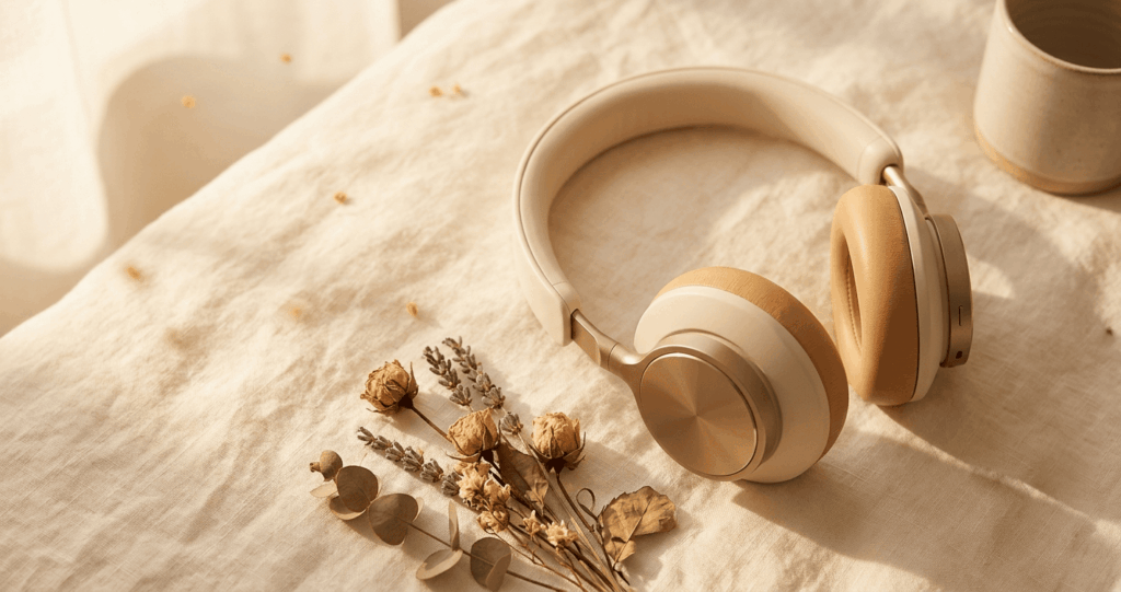 Photorealistic flatlay scene, wireless headphones placed gently on a soft cream surface, warm golden light casting subtle shadows, a few dried flowers nearby, minimalist and premium aesthetic, cozy morning atmosphere, no phone or screen visible, no text, warm golden tones #b78b50 accents, ultra HD quality, horizontal format 1200x628px
